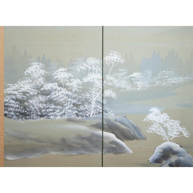 1960s Shōwa Era Japanese Silk Byobu Screen "Mountain Landscape in Winter" For Sale - Image 9 of 18