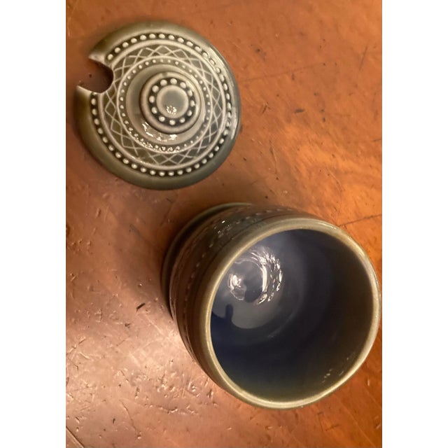 Vintage Irish Blue Green Porcelain Covered Round Honey Pot, Jam or Mustard Jar With Shamrock & Dot Detailing For Sale In Dallas - Image 6 of 11