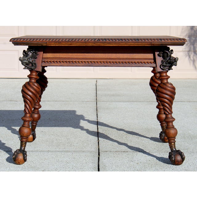 Antique Renaissance Revival Carved Oak Writing Table / Desk With Bronze Dragons & Clawed Feet For Sale - Image 4 of 18
