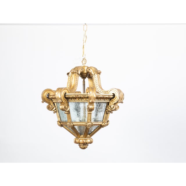 Early 20th Century French Baroque Style Giltwood Lantern with Carved Volutes and Textured Glass For Sale - Image 4 of 11