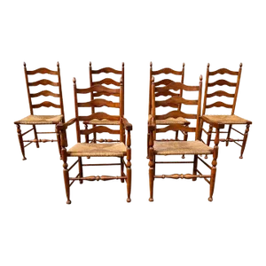 Mid 20th Century Henkel Harris Solid Cherry Ladder Back Rush Seat Dining Chairs- Set of 6