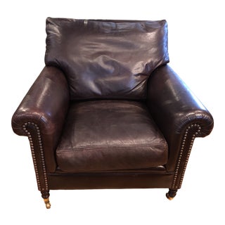 George Smith Leather Roll Arm Easy Chair With Brass Nailhead Trim For Sale