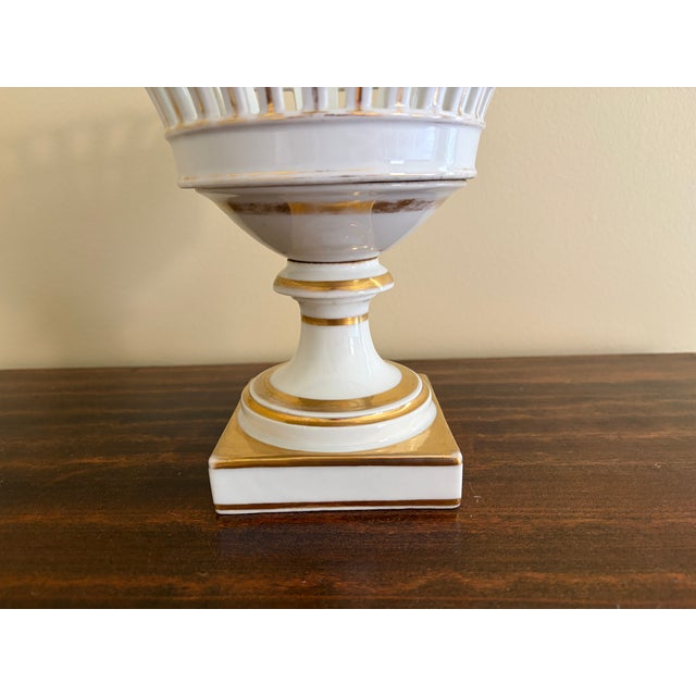 White Antique Reticulated Porcelain Basket Compote With Gold Gilt Details For Sale - Image 8 of 10