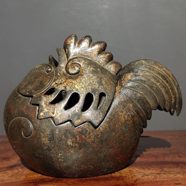 Metal Antiqued Bronze Rooster Incense Burner - Chinese Gilt Metal Bird Sculpture For Sale - Image 7 of 9