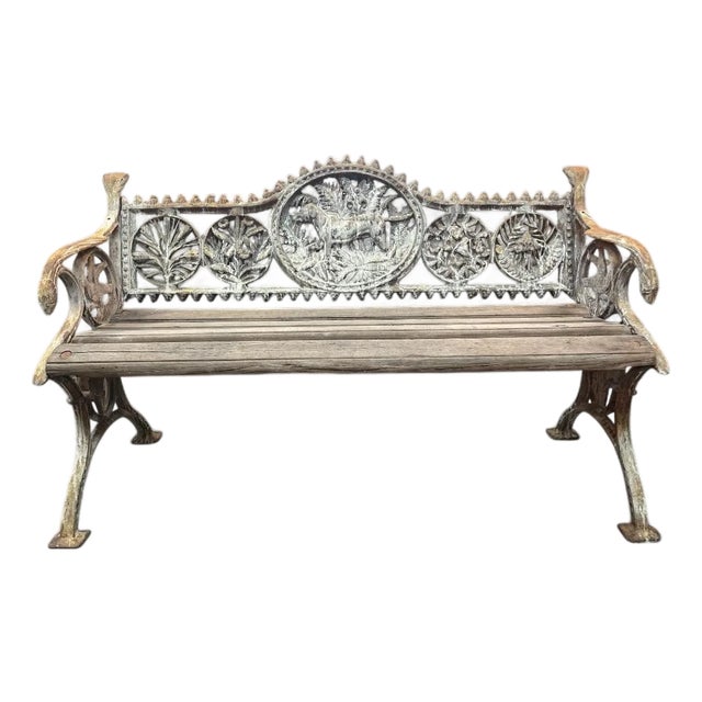 Vintage Ornate Cast Iron and Wood Garden Bench With Animal Motifs For Sale
