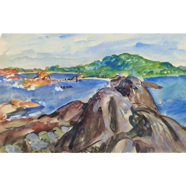 Stephane Magnard, Vintage French Watercolor Seascape - Rocky Coastline For Sale
