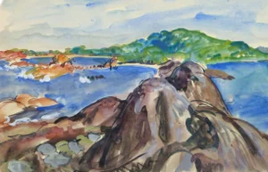 Stephane Magnard, Vintage French Watercolor Seascape - Rocky Coastline