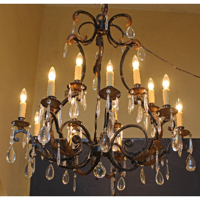 French Late 19th Century French Iron & Crystal 15-Light Chandelier For Sale - Image 3 of 9