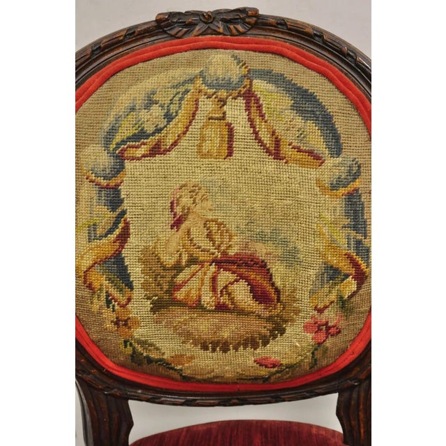 Late 19th Century Antique French Louis XVI Style Carved Walnut Needlepoint Red Fauteuil Armchair For Sale - Image 4 of 12
