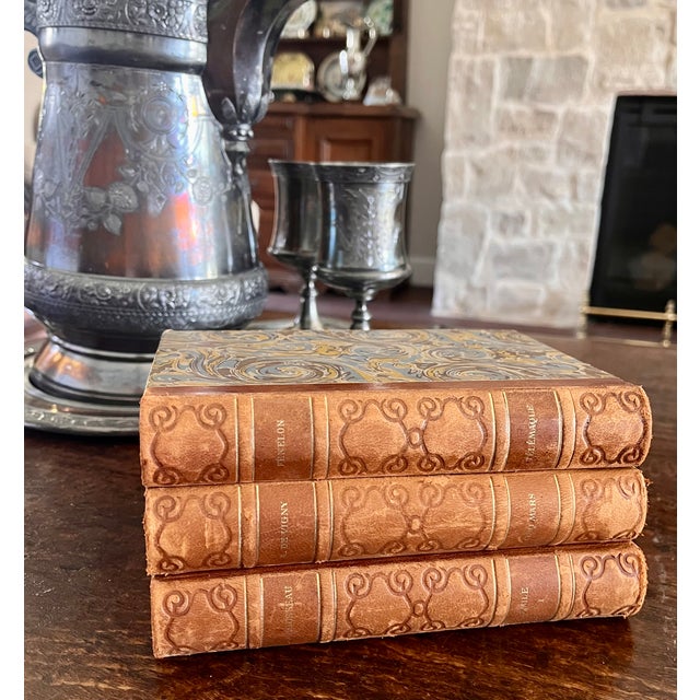 French Antique French 1928 Leather Bound Books - Set of 3 For Sale - Image 3 of 13