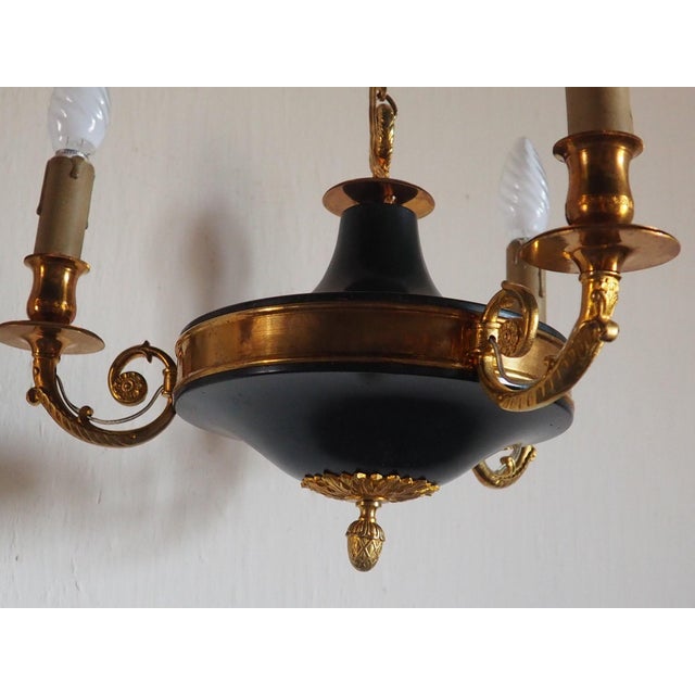 1960s Vintage French Empire 3-Arm Brass Dark Green Tole Chandelier, 1960s For Sale - Image 5 of 16