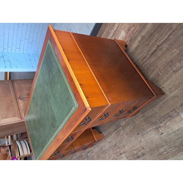 Vintage Twin Pedestal Desk in Yew Wood and Leather Top, 1980 For Sale - Image 17 of 18