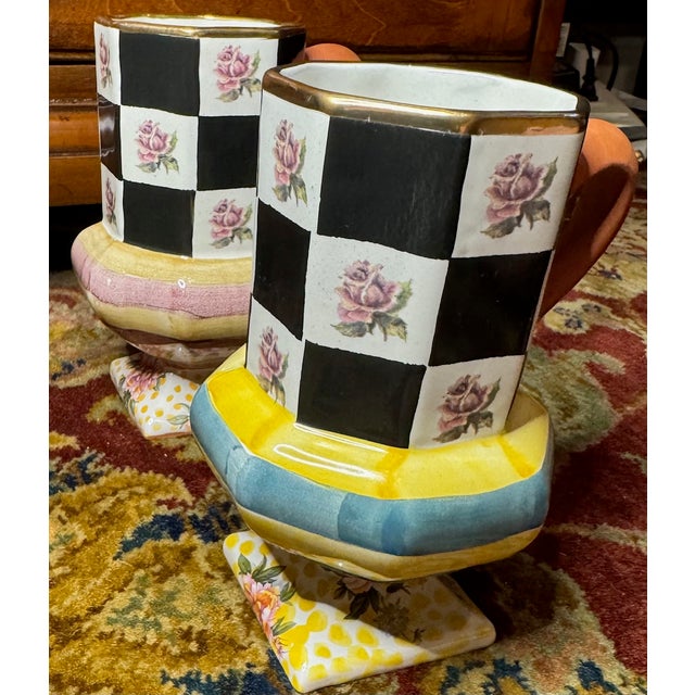 1990s MacKenzie-Childs Courtly Check Pedestal Mug Pair, Hand-Painted Floral, Dated 1994 & 1996 - a Pair For Sale - Image 9 of 10