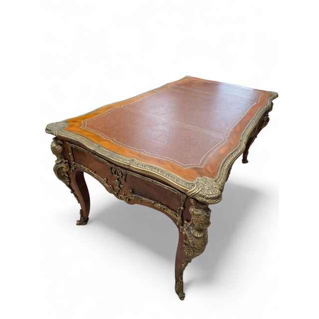 Brown Antique Louis XV Style Kingwood Inlaid Bureau Plat Writing Desk For Sale - Image 8 of 12