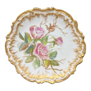 Antique French Limoges Hand Painted Rose Cabinet Plate, Gilt Scalloped Edge, c.1900 For Sale