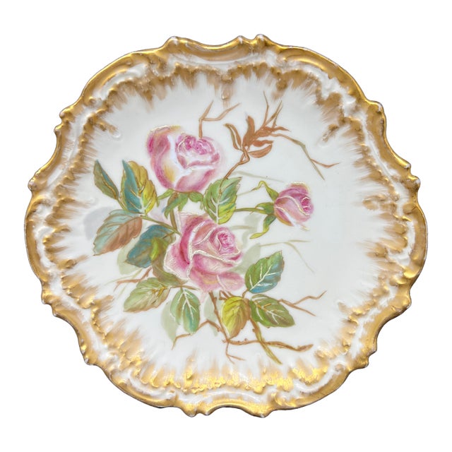 Antique French Limoges Hand Painted Rose Cabinet Plate, Gilt Scalloped Edge, c.1900 For Sale