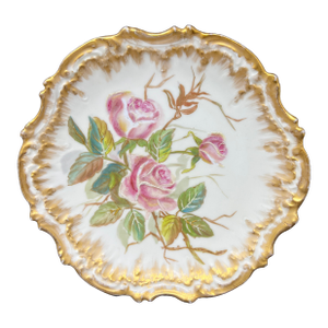 Antique French Limoges Hand Painted Rose Cabinet Plate, Gilt Scalloped Edge, c.1900