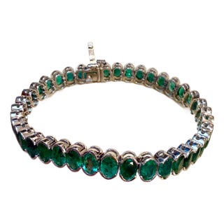 20 Ct Oval Shaped Emerald Bezel Set Bracelet 14k Yellow Gold, 21gm, 7" Long For Sale