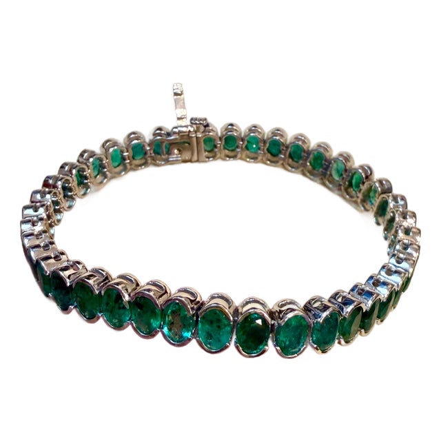 20 Ct Oval Shaped Emerald Bezel Set Bracelet 14k Yellow Gold, 21gm, 7" Long For Sale