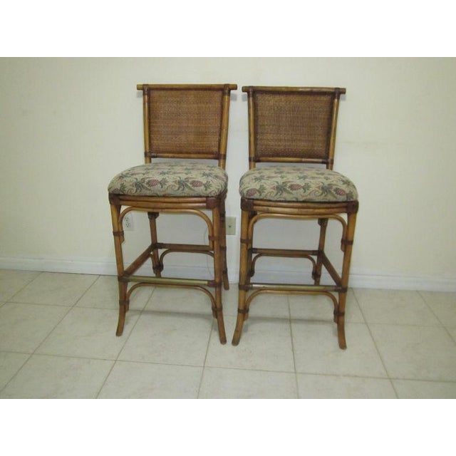 1990s Bamboo Rattan Bar Stool Fabric Seat Not Swivel Tommy Bahama Style Set of Two For Sale - Image 12 of 12