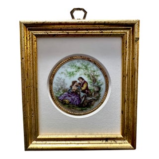 French Porcelain Plaque, Signed “ Fragonard” and Framed in Gilt Molding, Circa 1890. For Sale