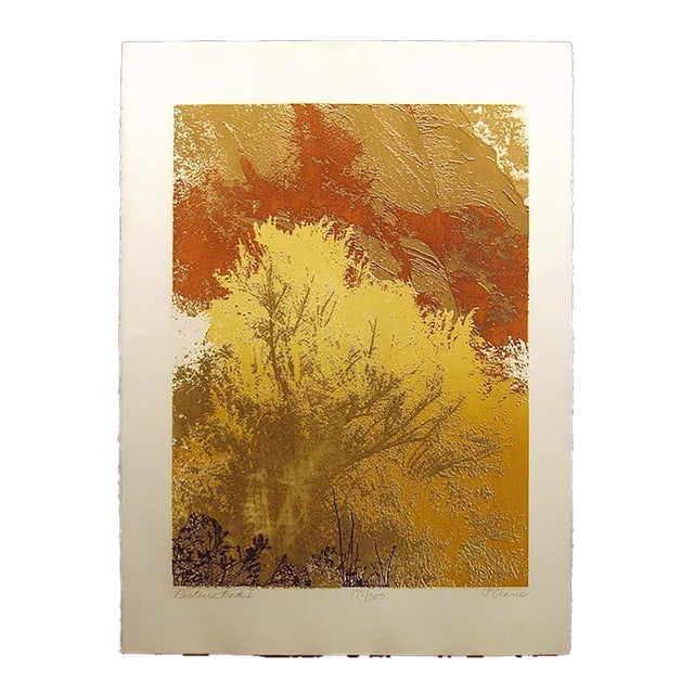 1980s Paula Crane "Picture Rock I" Signed Original Etching Gold Fall Trees For Sale