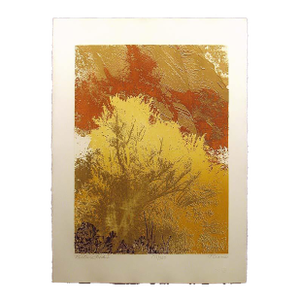 1980s Paula Crane "Picture Rock I" Signed Original Etching Gold Fall Trees