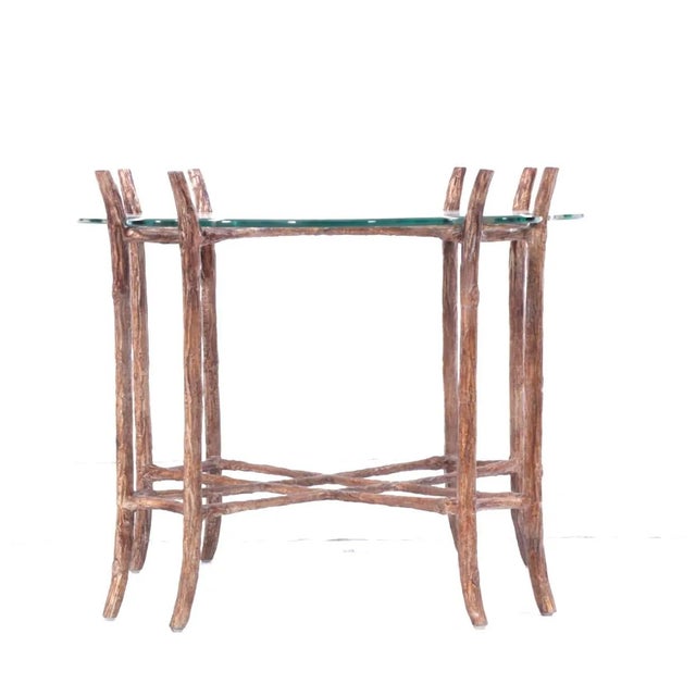 Cast aluminum and hand painted faux bois finished glass top side table. At first glance this beautiful table appears to be...