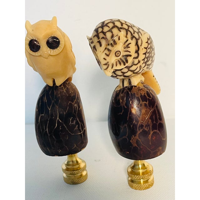Contemporary 1970s Carved Owl Figurines Lamp Finials - a Pair For Sale - Image 3 of 3