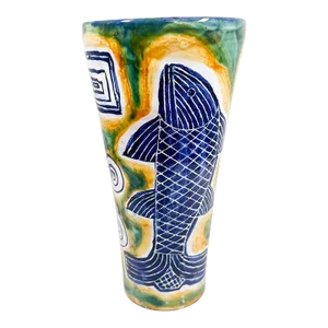 1997 Modern Blue and Green Fish Pottery Ceramic Vase