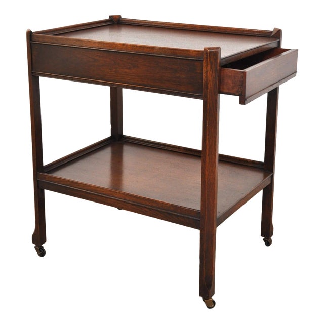 Antique Serving Trolley with Drawer in Oak, 1920s For Sale