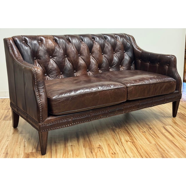 Late 20th Century Vintage Tufted Leather Settee Sofa With Nailhead Trim For Sale - Image 5 of 18