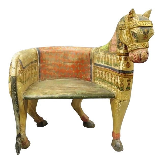 Vintage Figural Primitive Solid Carved Wood Red & Green Horse Bench Seat Chair For Sale