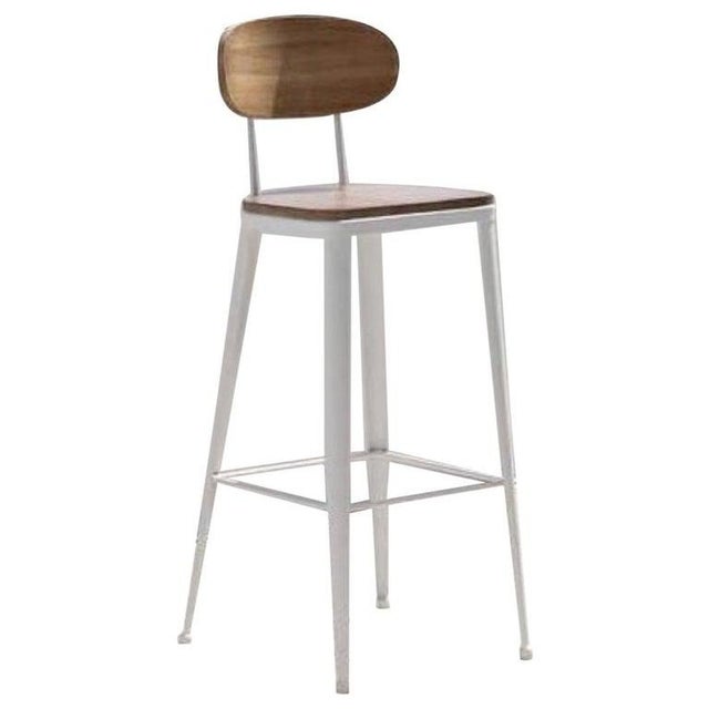 New Industrial Wrought Iron Shop Stool With Wooden Seat and Back For Sale - Image 11 of 11