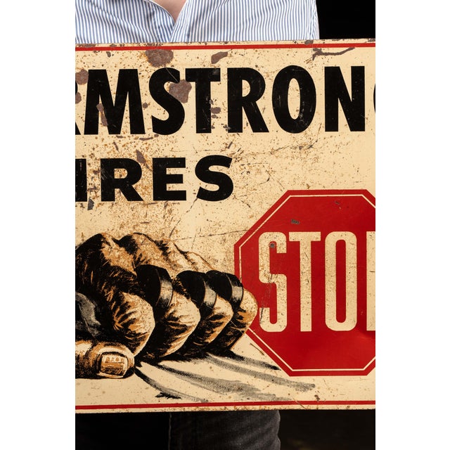 Vintage Armstrong Tires Double-Sided Tin Flange Service Station Sign For Sale - Image 4 of 11