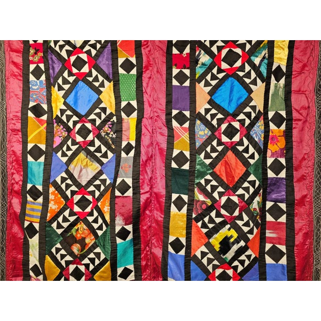 Vintage Uzbek Quilt, Hand-Stitched Silk, Geometric Pattern, Red & Turquoise, 39” X 73” For Sale - Image 10 of 12