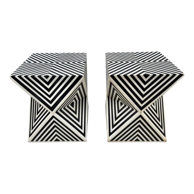 Art Deco Style Black and White Resin Sculptural Side, End Table or Stool, a Pair For Sale