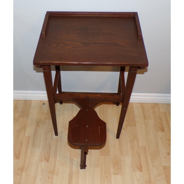 Vintage Mission Solid Oak Telephone Stand Childs Desk Integrated Fold Out Stool For Sale - Image 4 of 15