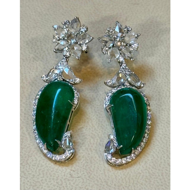 20 Ct Fine Emerald Cabochon & 4 Ct Rose Cut Diamond 18 Kt White Gold Earrings Emerald Diamond Post Earrings 18 Karat White...