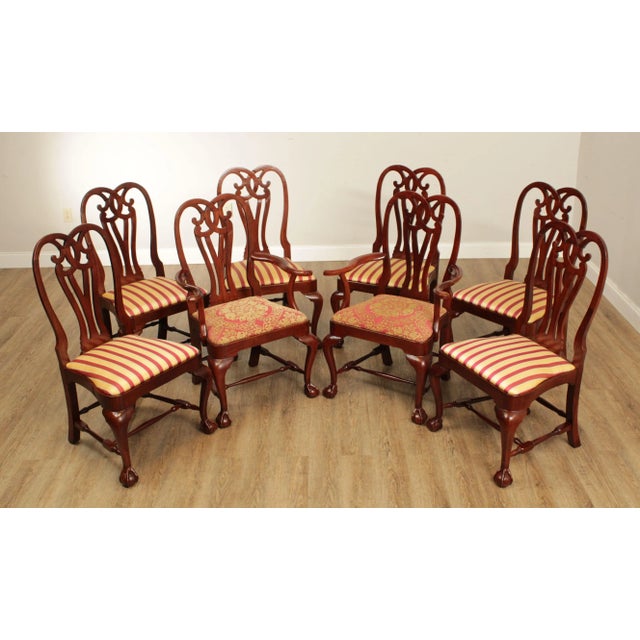 High Quality American Made Set of Eight Carved Mahogany Dining Chairs with Custom Upholstered Seats
