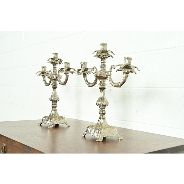 Victorian Tiffany & Co. Style Antique Victorian Silverplate Three-Light Candelabras, Pair For Sale - Image 3 of 12