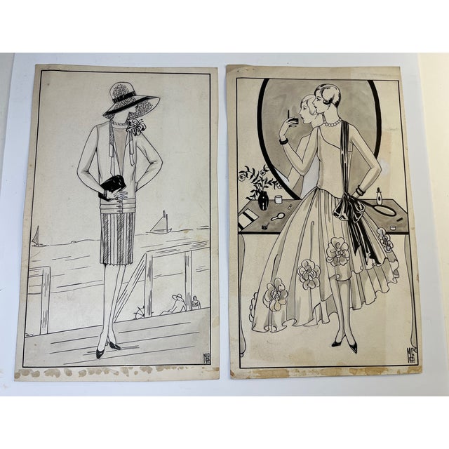 Set of 2 vintage original fashion illustration pen and ink drawings by Mildred G. Fall. One includes the actual clipping...