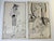 Set of 2 vintage original fashion illustration pen and ink drawings by Mildred G. Fall. One includes the actual clipping...