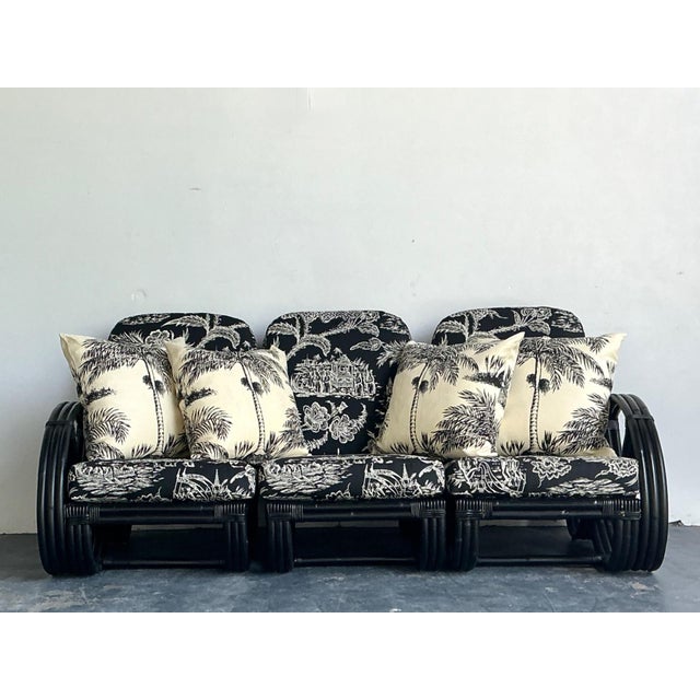 Vintage Black Rattan Sofa in Quadrille “Royal Journey” For Sale - Image 12 of 18