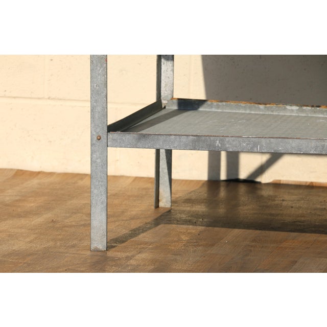 1950s Industrial Butcher Block Workstation Table With Steel Frame, Drawer & Removable Galvanized Trays For Sale - Image 16 of 18