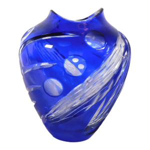 1960s Blue Cut to Clear Art Glass Vase With Unusual Rim Design