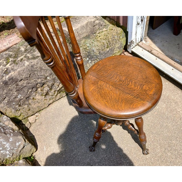 Wood 1890s Antique Quarter Sawn Oak High Back Organ Stool With Claw Feet For Sale - Image 7 of 17