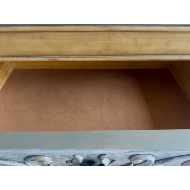 Gemstone Vintage French Provincial 12-Drawer Serpentine Dresser • 73” Long • Hand-Carved Details • Taupe, Ivory & Antique Gold For Sale - Image 7 of 14