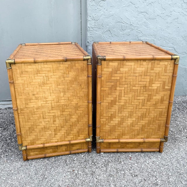 Boho Chic Herringbone Wicker Faux Bamboo Nightstands/Commodes by Dixie - A Pair For Sale In West Palm - Image 6 of 9