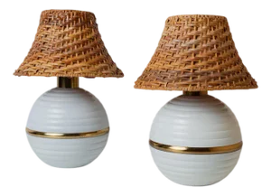 Hollywood Regency White Metal Table Lamps with Rattan Shades and Gilt Details, Italy, 1980s, Set of 2